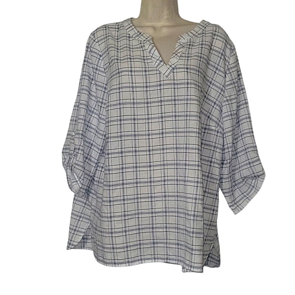 CHICO'S‎ Roll Tab Sleeve Plaid Pullover Blouse Lightweight White 3 Spring Summer